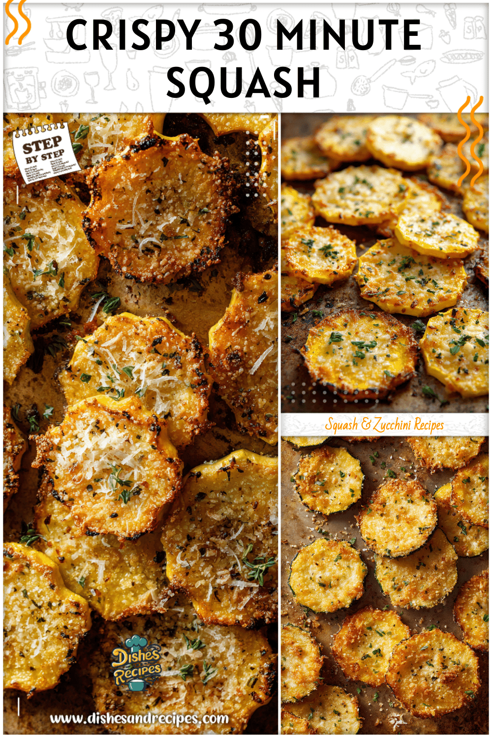 Crispy baked squash rounds topped with golden Parmesan on a rustic baking sheet